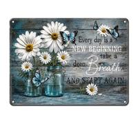 White Flower & Butterfly Tin Sign, Every Day is a New Beginning Metal Sign | 20x30cm Plaques for Garden, Patio, Hallway and Living Room Decor, Rustic Wall Art, Housewarming Gift for Nature Lovers