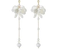 White Flower Dangle Earrings for Women Pearl Flower Drop White Floral Earrings Spring Earrings Golden Studs Women Bride Wedding Jewelry Gift, L, Plastic, No Gemstone