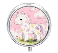 White Flower Horse Pill Box, 3 Compartment Small Pill Case, Metal Round Portable Storage Box Stores Vitamins, Medicines, Fish Oil and Supplements