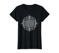 White Flower of Life Moon Phase Sacred Geometry Celestial Value Graphic T-Shirt, Women, Black, L