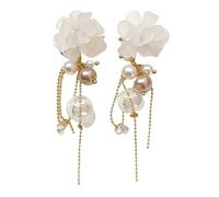 White Flower Pearl Earrings for Women, Gold Tassel Dangle Earrings with Clear Iridescent Bubble, Dreamy Jewelry for Wedding, Bridesmaid, Summer Party