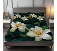 White Flower Plant Fitted Sheet Single Bed Watercolor 3D Fitted Sheets Deep Pocket 12 inch 30 cm Bottom Sheet Ultra Soft Microfibre Bedding Set with 2 Pillowcases a.8089