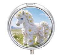 White Flower Pony Round Pill Box Cute Small Fish Oil Cases Portable 3 Compartment Pill Boxes Round Pill Case with Mirror for Vitamins Medication Supplements Gift