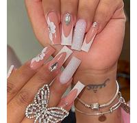White Flower Press on Nails Long Rhinestones Fake Nails French Press on Nail with Designs Exquisite False Nail with Glue French Tips Full Cover Acrylic Nail Glue for Women Girls 24Pcs