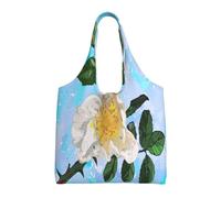 White Flower Prickly Floral Watercolor Sky,Reusable Tote Bags Grocery Bags Large Capacity Canvas Shopping Shoulder bag
