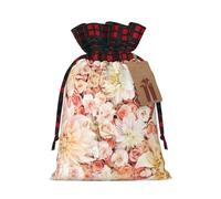 White Flower Print Festive Plaid Gift Bag, Candy Bag, Drawstring Burlap Pouch For Holiday Presents Favor-M