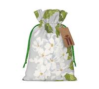 White Flower Printed Christmas Drawstring Bags with Green Christmas Ribbon - Reusable Burlap Drawstring Gift Pouches, M