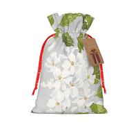 White Flower Printed Christmas Drawstring Bags with Red Christmas Ribbon - Reusable Burlap Drawstring Gift Pouches, M