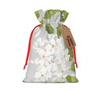 White Flower Printed Christmas Drawstring Bags with Red Ribbon - Reusable Burlap Drawstring Gift Pouches, S