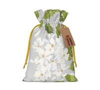White Flower Printed Christmas Drawstring Bags with Yellow Christmas Ribbon - Reusable Burlap Drawstring Gift Pouches, S