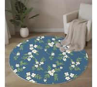 White Flowers And Green Leaves Pattern Round Rugs, Washable Non-Slip Rug, Country Retro Style Round Area Rugs 120 Cm, For Living Room Bedroom Hallway Study Coffee Table Bedside Rug