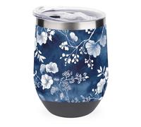 White Flowers and Leaves Japanese Wine Tumbler Stainless Steel Insulated Mug Double Wall Water Cup with Lid 12 Oz