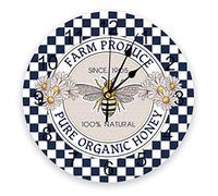 White Flowers Bee And Circle On Blue Plaid Round Frameless Wall Clock Silent Quartz Wall Clock Non-Ticking Clocks Decorative For School Dining Room Kitchen 25cm
