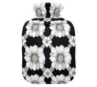 White Flowers Black Diamonds hot Water Bottle with Soft Cover, 2L Warm Water Bottle for Bed for Arthritis, Menstrual Cramps, bolsas para agua Caliente
