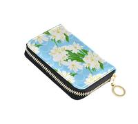 White Flowers Green Leaves Blue Womens Wallet Zip Around Credit Card Wallets RFID Blocking Ladies Travel Wallet with Zipper