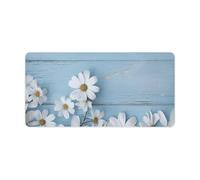White Flowers Light Blue Wood Desk Pad Waterproof Writing Mouse Pad Non-Slip Laptop Desk Protector Large Office Desk Mat Computer Keyboard Rubber Mat for Work Home Decor 12" X 24"