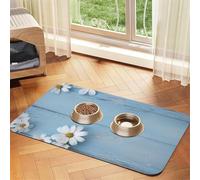 White Flowers Light Blue Wood Dog Food Mat, Absorbent Pet Feeding Mat For Food And Water Bowls Non-Slip Placement Pad For Floors Waterproof Quick Dry Water Dispenser Mat For Dogs Puppy Cats 12x18 Inch