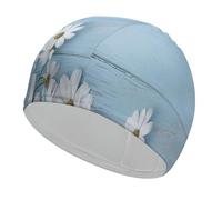 White Flowers Light Blue Wood Swim Cap Soft Comfortable Stretch Swim Caps Stylish Low Cut Design Large Swimming Cap Keep Hair Dry Recreational Swimming Hat for Swimmers Gifts