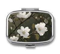 White Flowers Spring Pill Case for Travel, Rectangle Metal Pill Organizer with 2 Compartments, Portable Daily Medicine Box for Purse, Wallet