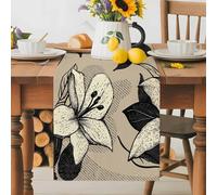 White Flowers Table Runner 14x72 Inches Long Black Leaf Vintage Khaki Background Cotton Linen Table Runner Burlap Style for Dinner Table Party Decor Tabletop Decorations