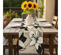White Flowers Table Runner 16x72 inch Black Leaf Vintage Khaki Background Cotton Linen Dining Table Runner Ideal for Dresser Kitchen Coffee Tables - Machine Washable