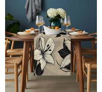 White Flowers Table Runner 18x72 inch Black Leaf Vintage Khaki Background Cotton Linen Dining Table Runner Ideal for Dresser Kitchen Coffee Tables - Machine Washable