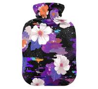 White Flowers Vapor Wave Style Black hot Water Bottle with Soft Cover, 2L hot compresses for The Body for Hand Feet Warmer, Hand Feet Warmer, bolsas de agua Caliente para Dolores