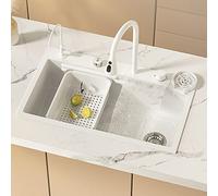 White Flying Rain Waterfall Sink - Single Basin Kitchen Workstation with Pull-Out Faucet, Chopping Board & Cup Washer, Perfect for Modern Households & Dishwashing Efficiency