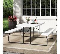 (White) Foldable Picnic Table Bench Set with Parasol Hole