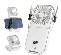 (white) Folding handheld fan USB charging digital display outdoor mini neck hanging power bank fan，gift