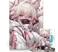 White Fox Girl Anime Art Jigsaw 1000 Pieces Memory Skill Fun Smooth Edge Perfect Interlock Fun-filled Way to Fill Empty Hours (38x26cm)
