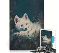 White Fox in Flowers 1000 Adult Pieces Jigsaw Puzzle Mind Challenge Toy Neat Cut Perfect Alignment Family Fun Night Activity (50x75cm)