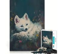 White Fox in Flowers Adults 1000 Pieces Puzzle Mind Training Fun Burr Free Clean Cut Pieces Heartwarming Gathering Activity (38x26cm)