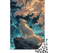 White Fox Under Cherry Blossom Tree 1000-Piece Puzzle for Adults, 52x38cm/1000pcs, White Pieces for Organised Sorting; Easy to Revisit Throughout The Week
