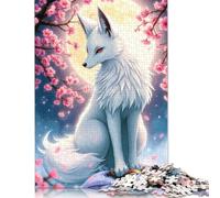White Fox Under Cherry Blossoms Puzzle 500 Pieces Jigsaws Wooden Puzzles for Adults Family Entertainment Toys 500pcs (52x38cm)