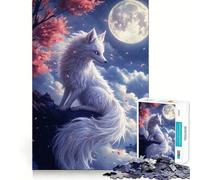 White Fox Under Moonlight Jigsaw Puzzles 1000 Mental Focus Game Precision Cut Smooth Edges Meaningful Connection Building Game (50x75cm)