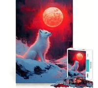 White Fox Under Red Moon Jigsaw Puzzles 1000 Cognitive Skill Toy Smooth Burr Free Surface Relaxing Indoor Group Activity (50x75cm)