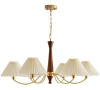 White French Country Wood Chandelier Pleated Fabric Shade Large Rustic Farmhouse Chandelier for Dining Room Mid Century Ceiling Pendant Light for Bedroom Living Room Kitchen Island Foyer(6lights)