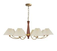 White French Country Wood Chandelier Pleated Fabric Shade Large Rustic Farmhouse Chandelier For Dining Room Mid Century Ceiling Pendant Light For Bedroom Living Room Kitchen Island Foyer