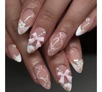 White French Press on Nails Short Almond CHUOZI False Glossy Acrylic Fake ons with 3D Bow Pearl Flowers Design Gel Glue on Nude Stick on for Women 24 Pcs