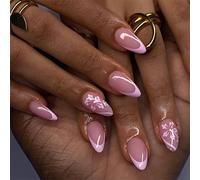 White French Press on Nails Short Almond CHUOZI False Glossy Acrylic Fake ons with 3D Bow Pearl Flowers Design Gel Glue on Nude Stick on for Women 24 Pcs