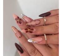 White French Press on Nails Short Almond CHUOZI False Glossy Acrylic Fake ons with 3D Bow Pearl Flowers Design Gel Glue on Nude Stick on for Women 24 Pcs