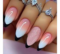 White French Press on Nails Short Almond CHUOZI False Glossy Acrylic Fake ons with 3D Bow Pearl Flowers Design Gel Glue on Nude Stick on for Women 24 Pcs