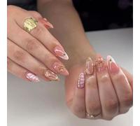 White French Press on Nails Short Almond CHUOZI False Glossy Acrylic Fake ons with 3D Bow Pearl Flowers Design Gel Glue on Nude Stick on for Women 24 Pcs