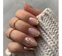 White French Press on Nails Short Almond CHUOZI False Glossy Acrylic Fake ons with 3D Bow Pearl Flowers Design Gel Glue on Nude Stick on for Women 24 Pcs