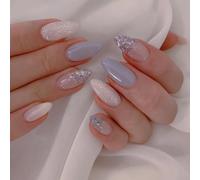 White French Press on Nails Short Almond CHUOZI False Glossy Acrylic Fake ons with 3D Bow Pearl Flowers Design Gel Glue on Nude Stick on for Women 24 Pcs