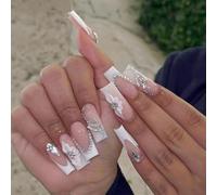 White French Tip False Nails Long Square, SXVME Floral Press on Nails Long Medium with Rhinestone Butterly Design Pink Fake Nails Coffin Natural Glue on Nails Acrylic Stick on Nails for Women Nail Art