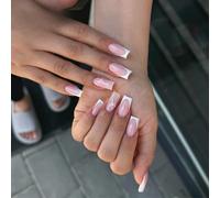 White French Tip False Nails Long Square, SXVME White French Tip Press on Nails Long Medium with Floral Design Pink Fake Nails Coffin Natural Glue on Nails Acrylic Stick on Nails for Women Nail Art