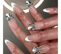 White French Tip Press on Nails Almond Fake Nails Medium False Nails with Silver Bow Charms Design Glue on Nails Pearl Glossy Full Cover Elegant for Women Manicure 24Pcs