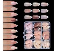 White French Tip Press on Nails Almond Shape Fake Nails Full Glosses Nude False Nails Acrylic Nails Adhesive